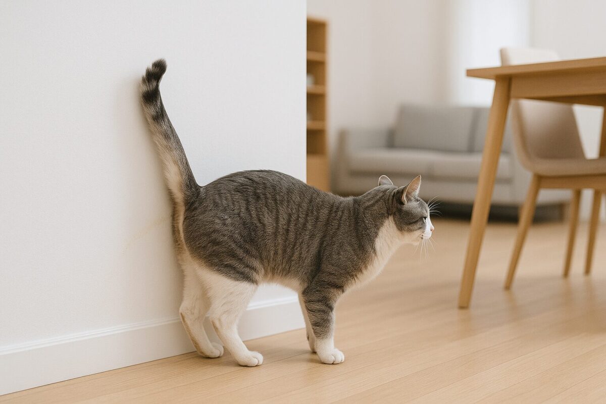 猫がスプレー行動をする理由と効果的な対策法。マーキングとの違いも解説
